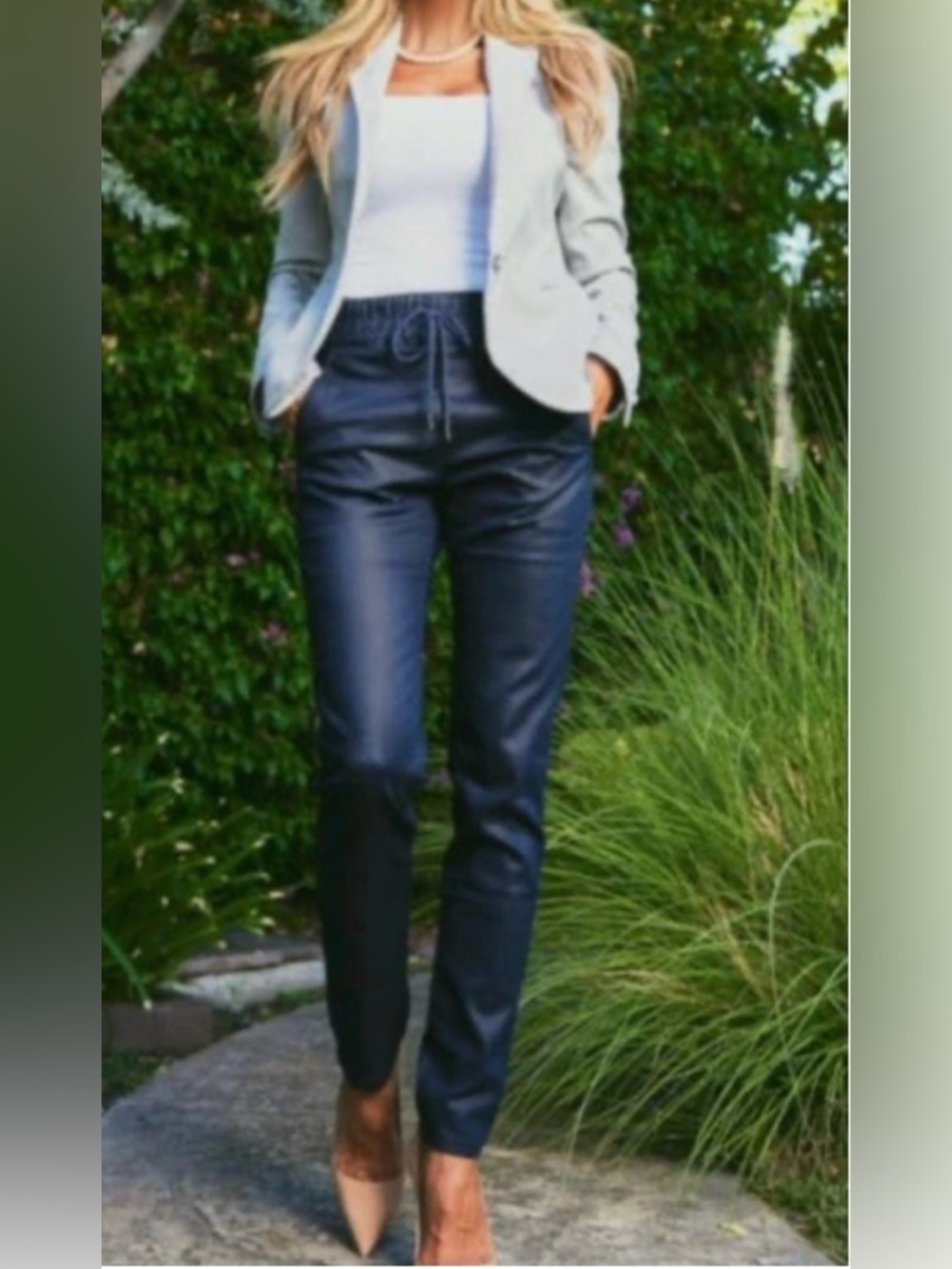 Bevy Flog Shely Pants Navy Vegan Leather Coated Pull On Stretch Drawstring Sz 24